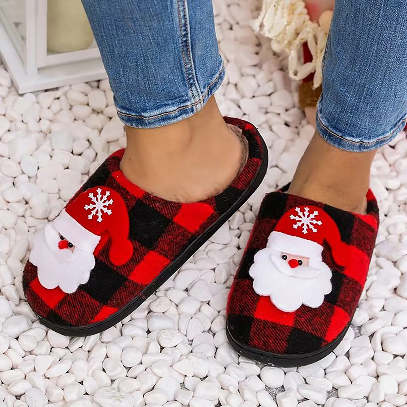 

Женские пушистые тапочки, новинка, Рождественская хлопковая зимняя теплая обувь для пар, толстая подошва, мягкая подошва, утолщенная нескользящая обувь
