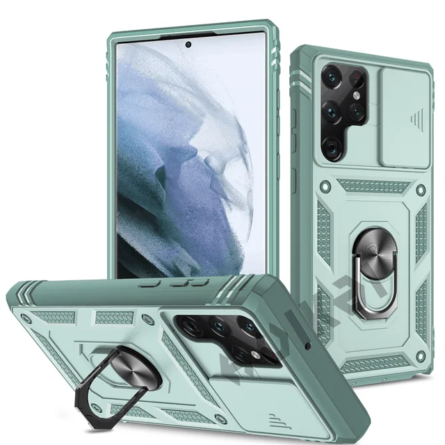 HUIKAI Case For Samsung S22 S21 FE Ultra Plus A52 A51 A32 5G Heavy Duty with Camera 360 Degree Rotate Kickstand Shockproof Cover Green