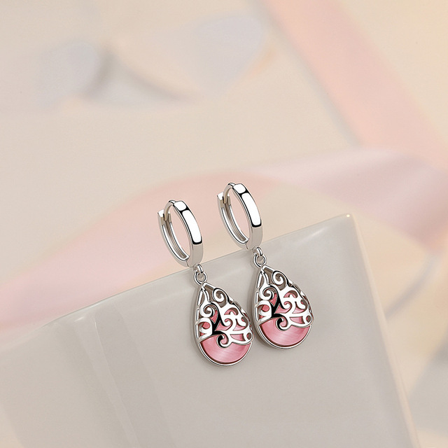 New Fashion S925 Silver Color Pink Opal Stone Big Drop Earrings For Women Fashion Temperament Moonstone Brinco
