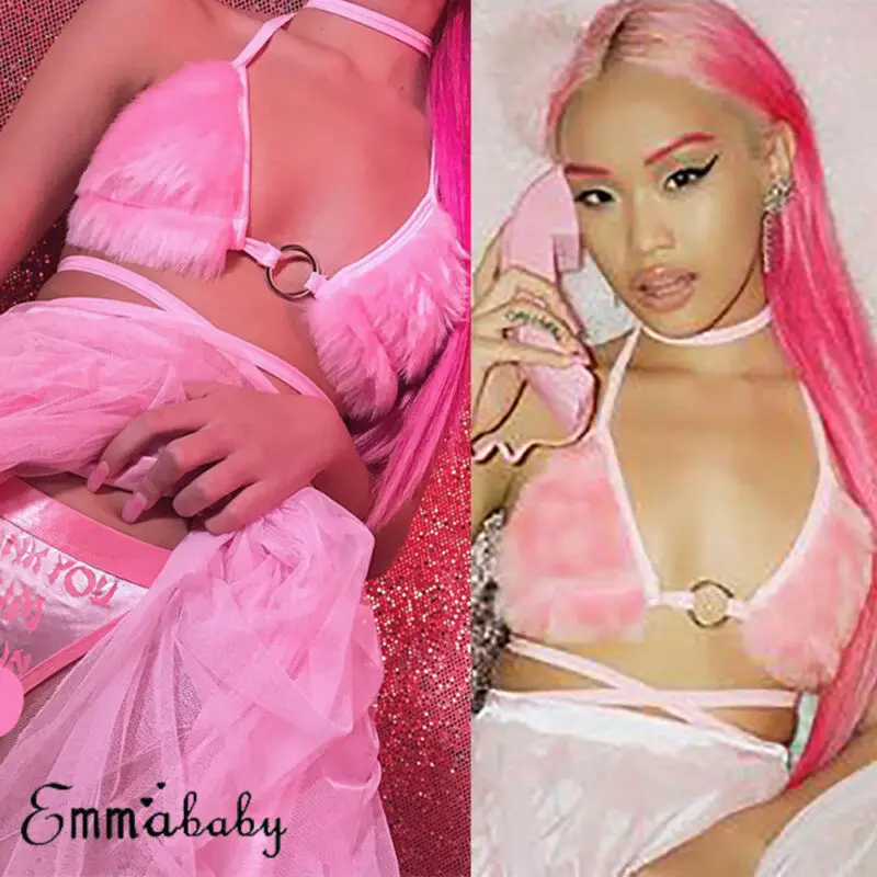 Sexy Women Bras Fluffy Plush Top Sweet Girl Pink Color Crop Top Ladies Crop Ladies Underwear Backless Metal Ring