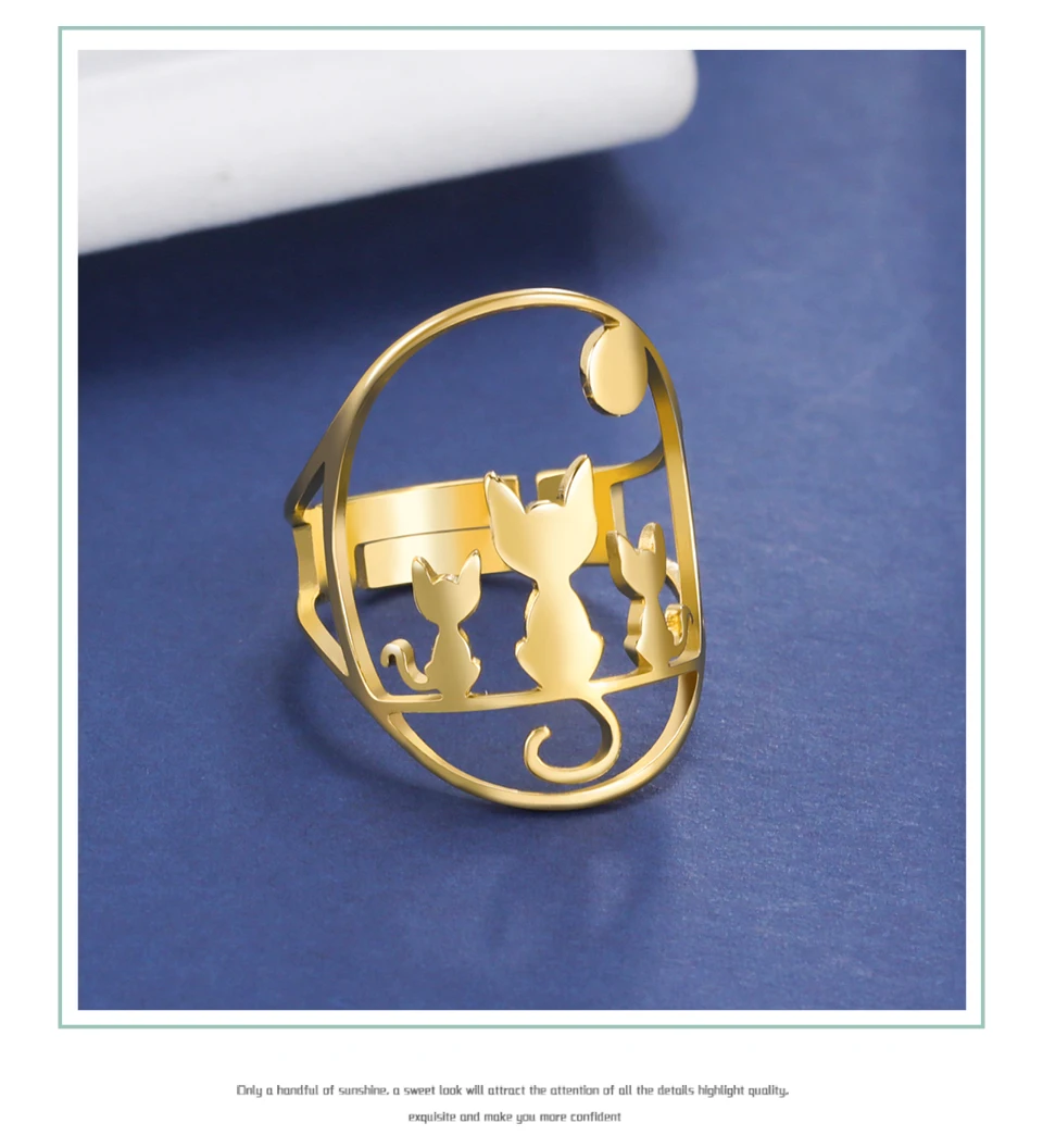 Full Moon Cat Ring for Girl Out Cute Kitten Ring Fashion Stainless Steel Jewelry - PeticaDeals