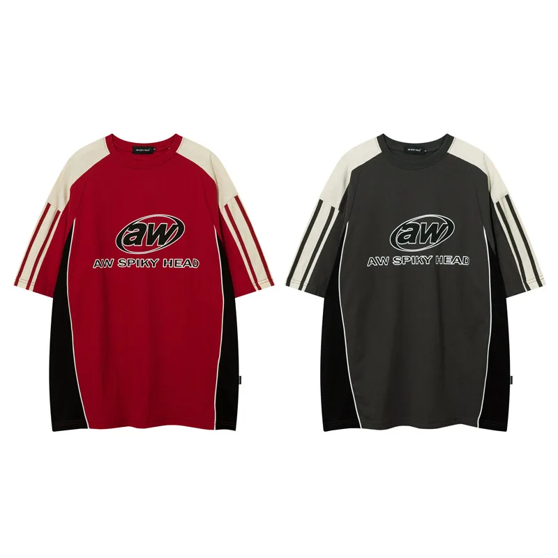 Letter Print Short Sleeve T-shirt Mens Summer Casual Crew Neck Contrast Paneled Cotton Loose Tee Couple Streetwear_voghion.com