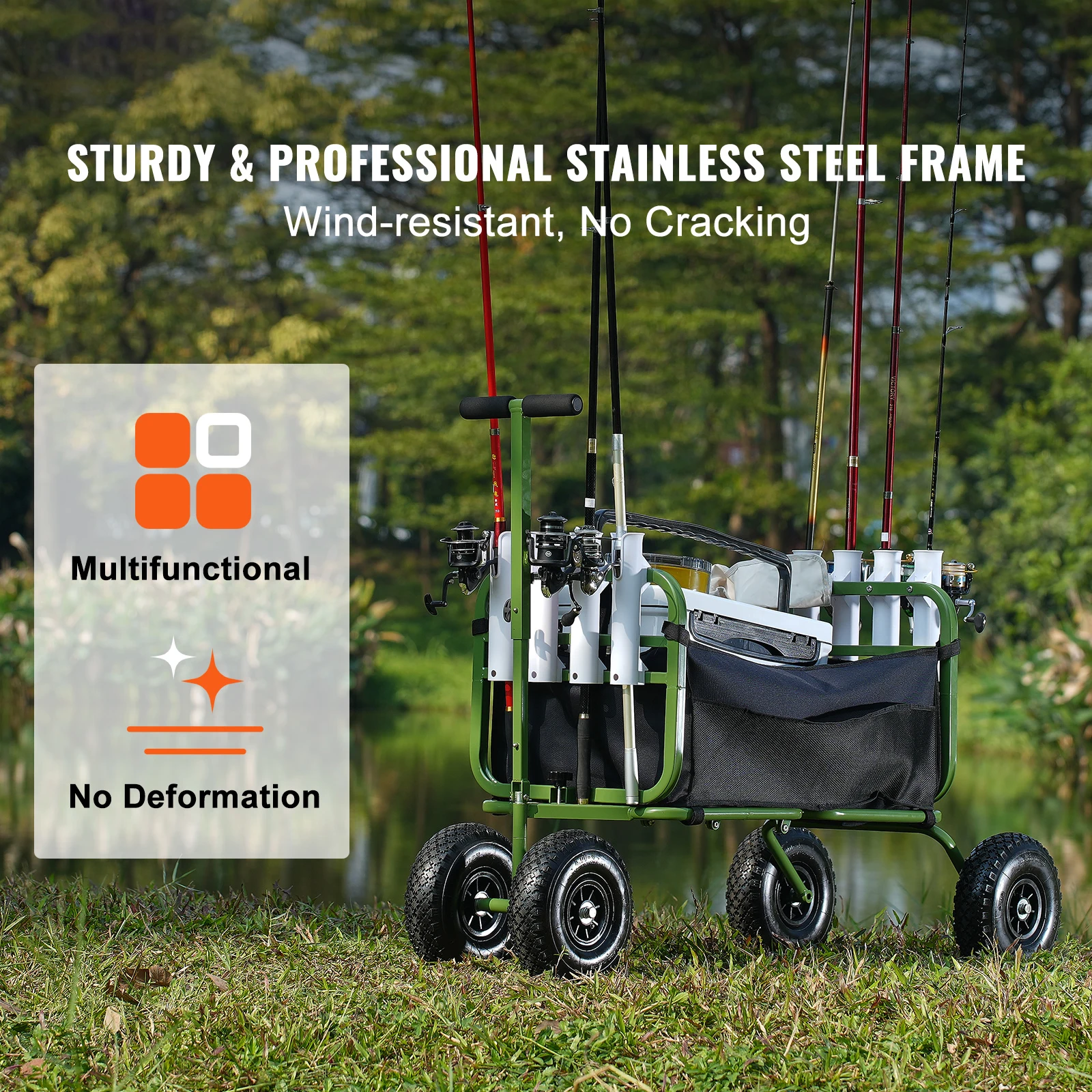 SucceBuy 300lbs Beach Fishing Cart Fish Marine Foldable Cart with 4 11" Wheels 8 Rod Holders Pier Wagon Trolley for Sand Picnic