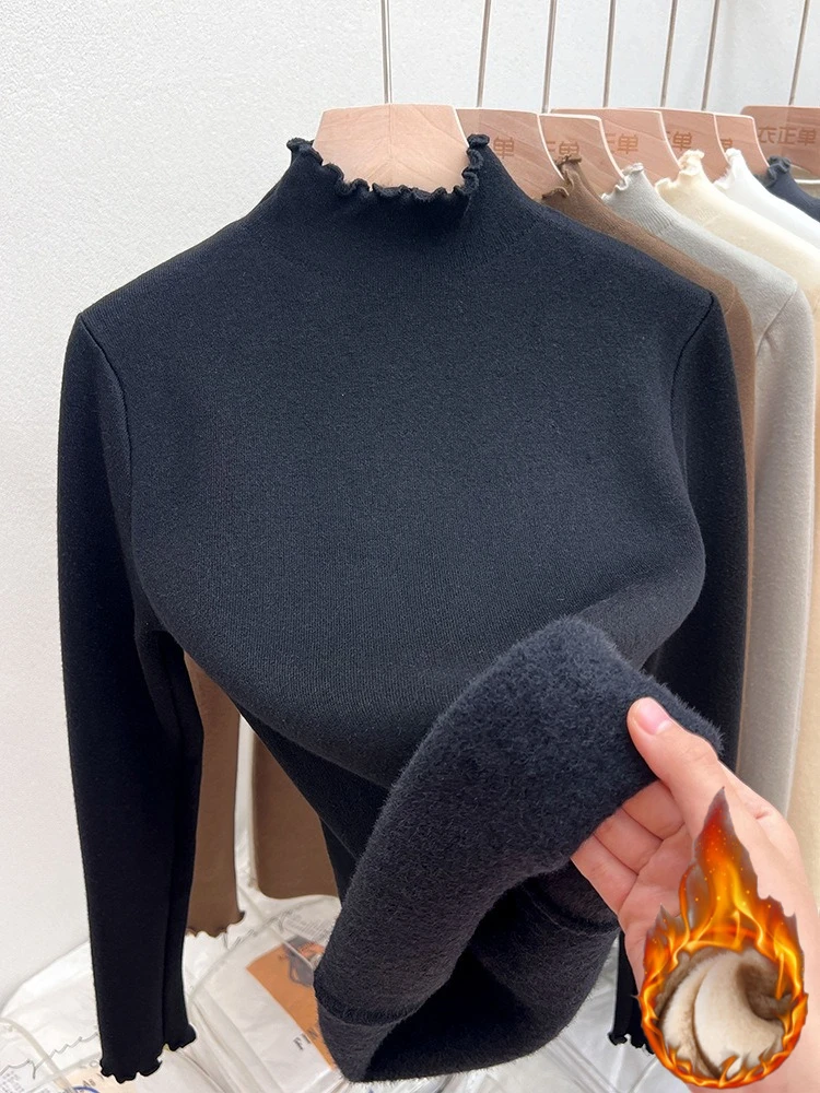 جديد صوف مبطن سميكة الياقة المدورة البلوزات النسائية الخريف الشتاء ضئيلة الدافئة Ruched محبوك القمم بلون عادية لينة البلوز 5