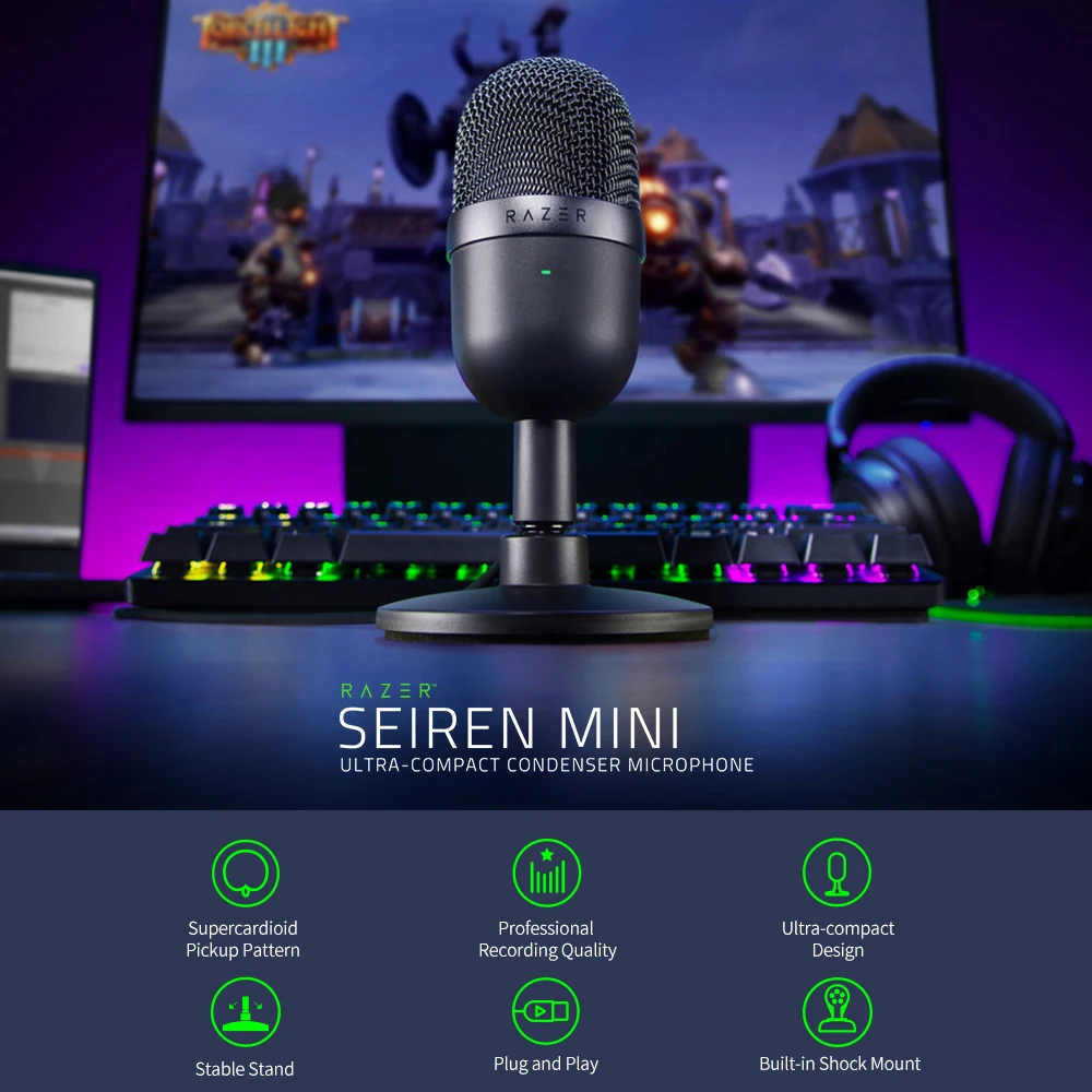 Razer Seiren Mini USB Condenser Microphone: for Streaming and Gaming on PC  - Professional Recording Quality - Precise Supercardioid Pickup Pattern 