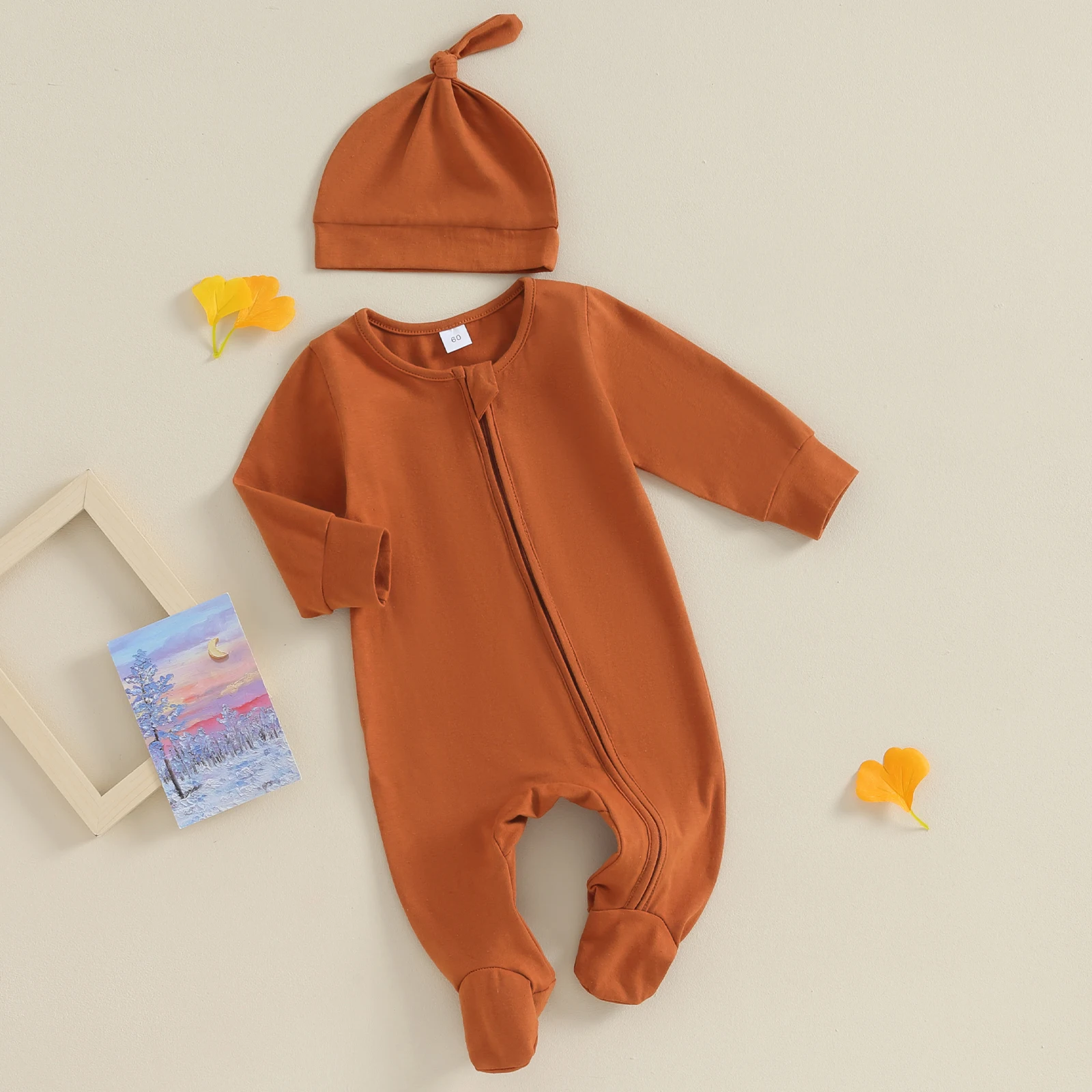 Ma & baby 0-6M   소년 소녀 점프 슈트 부드러운 긴 소매 지퍼 Romper + 모자 가을 봄  복장 의류