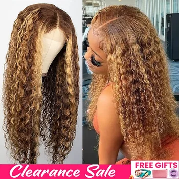 Parrucca HD Highlight in capelli umani 13x6 biondo miele, parrucche in capelli umani ricci con frontale in pizzo per donna, parrucche in capelli umani a onda profonda