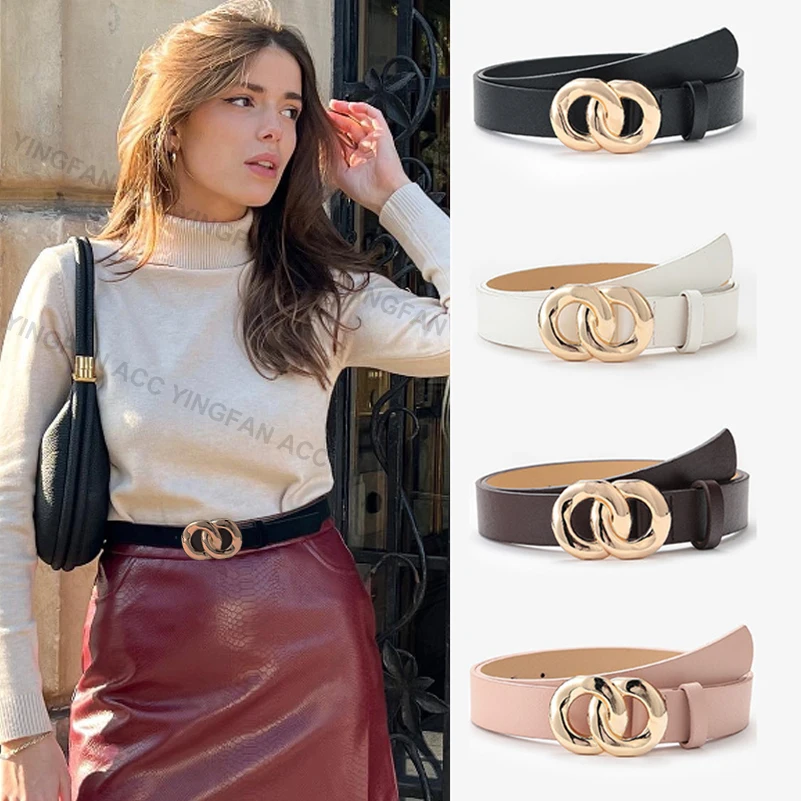 2PCS PU Leather Belt for Women Square Buckle Pin Buckle Jeans Black Belt Chic Luxury Brand Ladies Vintage Strap Female Waistband