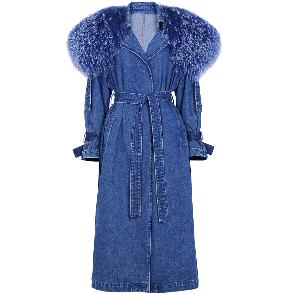 YOLOAgain 2024 Spring Fashion Real Mongolia Sheep Fur Collar Blue