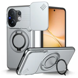 Sliding Camera Lens Protection Armor Phone Case with Metal Ring Stand - Shockproof TPU Plastic Cover for VIVO T4 Pro 5G (Gray)
