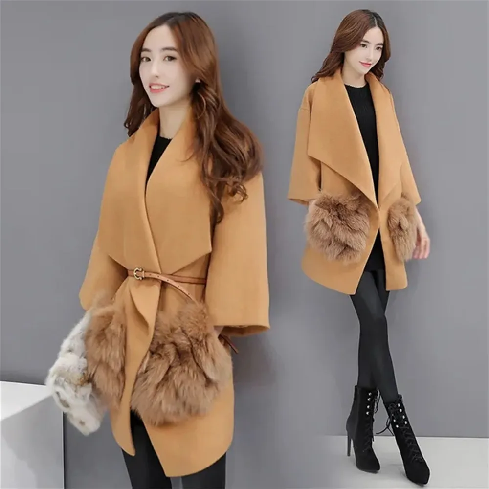 The new spring and autumn fashion explosion casual slim-fit imitation fox hair splicing wool coat coat for women disco explosion