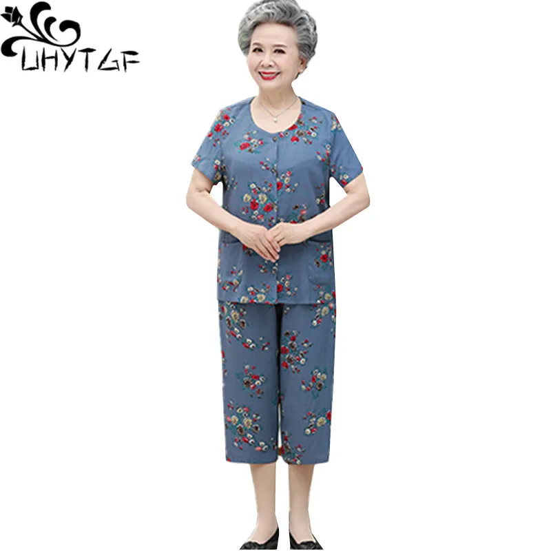 

UHYTGF Summer Two Piece Sets Womens Outifits Print Cotton Thin T-Shirt Top + Pants Tracksuit Middle-Aged Elderly Female Suit 70