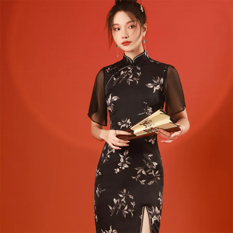 

Summer Feifei Sleeve Front Slit Short Sexy Cheongsam Traditional Chinese Style Modern Improved Qipao Evening Dress for Women