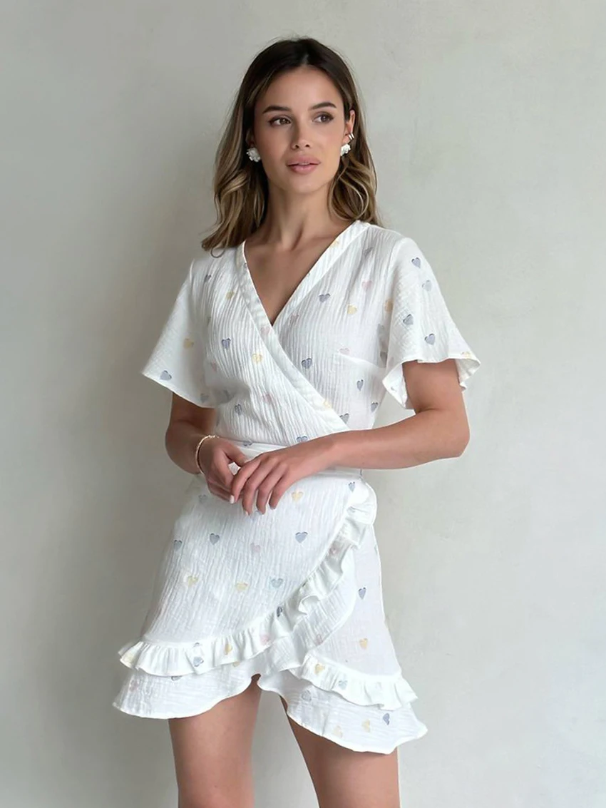 Marthaqiqi Cotton Women'S Pajamas Sexy V-Neck Sleepwear Short Sleeve Nightgowns Printing Mini Dress Casual Home Clothes Ladies