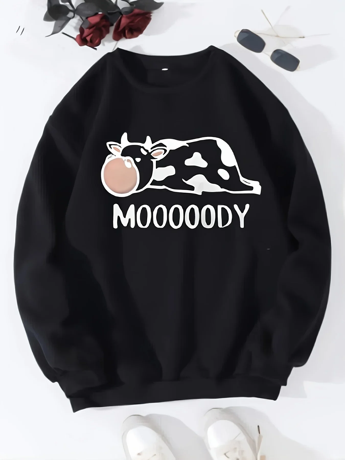 

Funny Cartoon Cow Letter Print Pullover Sweatshirt Kawaii Casual Autumn Long Sleeve O-Neck Hoodie Neutral Harajuku Streetwear