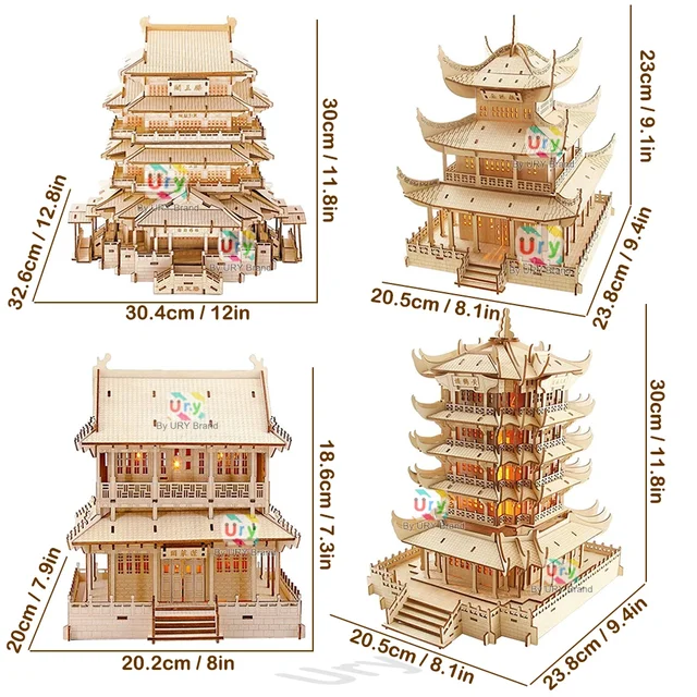 Ury 3D Wooden House Chinese Traditional Puzzle with Light Building DIY Model Game Assembly Desktop Toy Gift for Children Adult 2