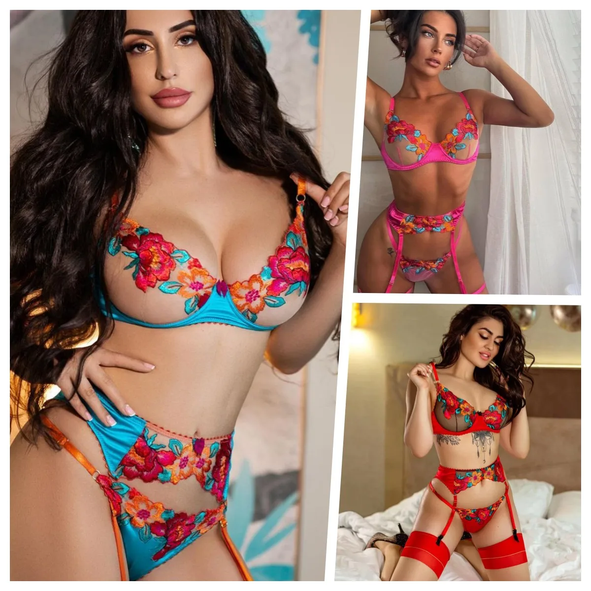 

3-Piece Contrast Color Lace Bra Set Women Colors Embroidery Panty Underwear Set Ladies Blue Sexy Lingerie Gift Set