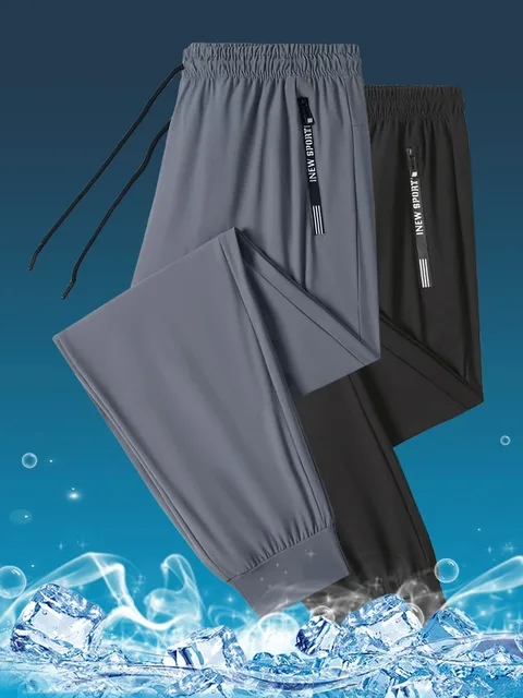 Pantalon d'été en soie glacée pour hommes, Style fin, sport, séchage rapide, jambes droites drapées, jambes larges, pantalons longs décontractés pour hommes, nouvelle collection 5
