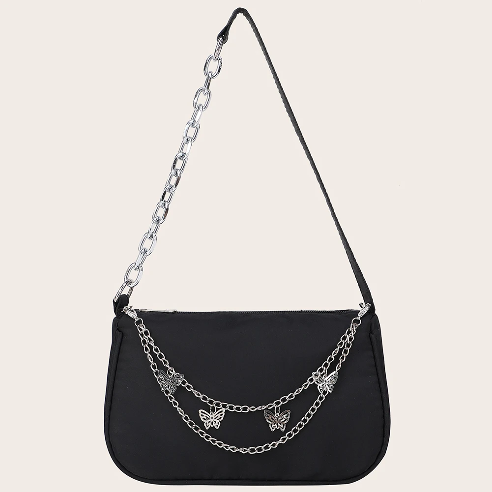 Women Butterfly Chain Shoulder Bag Fashion Nylon Female Black Underarm Bags Y2k Small Tote Handbags Trendy Armpit Purse
