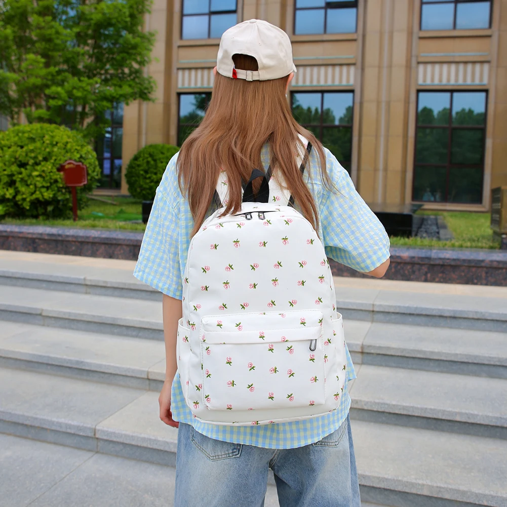 3Pcs Floral Backpack Set Teenagers Book Bag with Lunch Bag & Pen Case Simple Travel Backpack Large Capacity Travel Daypack