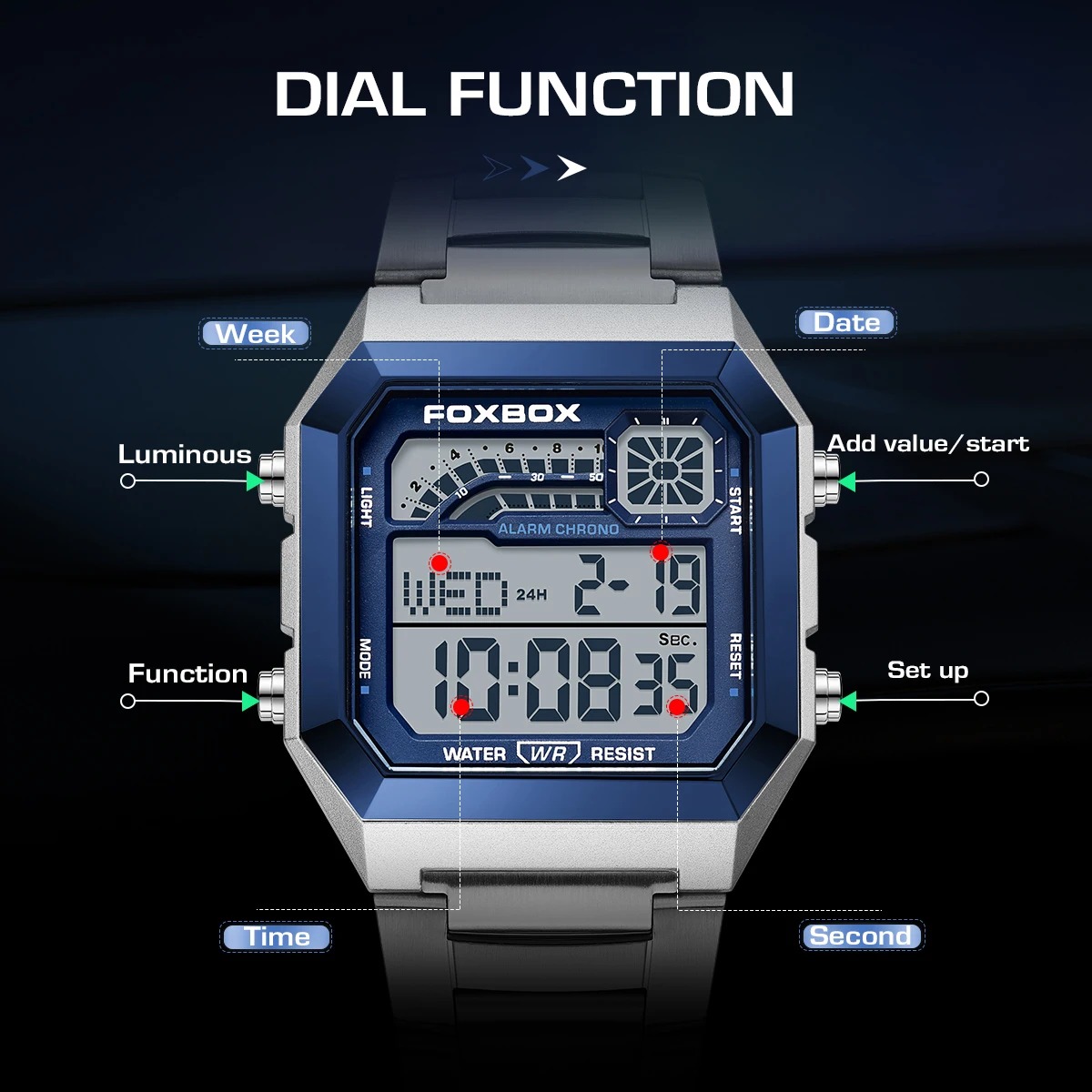 FOXBOX Luxury Square Stainless Steel Waterproof Digital Watch