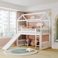 Twin Size Loft Bed with Slide for Kids Bedroom,House Shaped Solid Wood Bedframe w/Full-Length Guardrail Space Saving Design 1