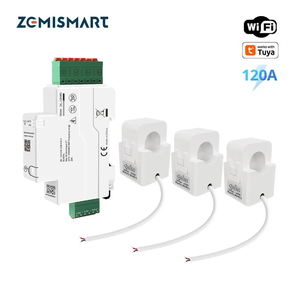 120A WiFi Smart Din-rail Energy Meter 3 Phase Power Monitor Withdrawable Connector Split-core CTs Work with Tuya Smart Life App