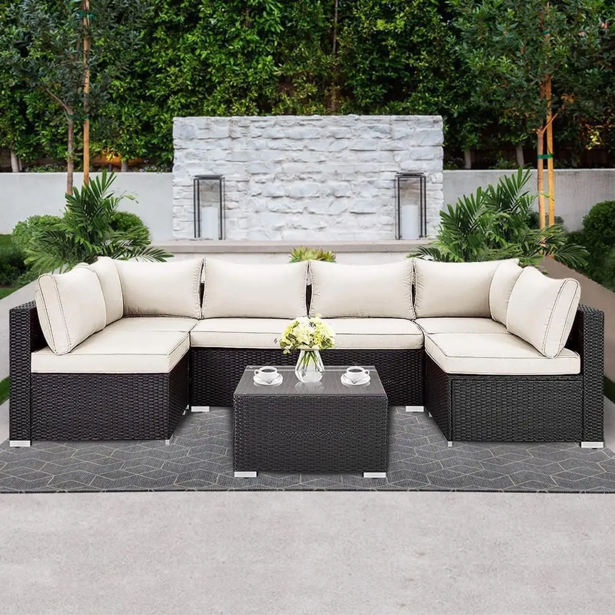 

7pcs PE Rattan Patio Set, All Weather Outdoor Sectional Conversation Sets with 6 Chairs and 1 Tempered Glass Table for Garden