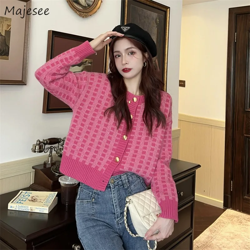 

Pink Plaid Cardigans Women Spring Autumn Knitwear Long Sleeve Sweaters Outwear Tender Stylish Fashion Sweet Preppy Cute Knitted