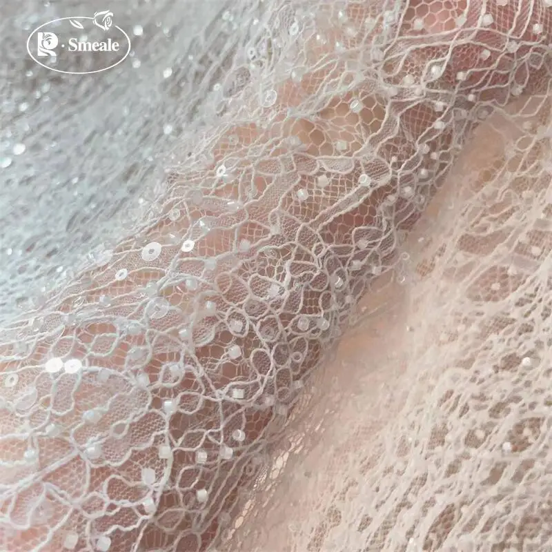 3Yards. White Beads Flash Sequins Lace Fabric.Luxury Evening Dress French Lace .Advanced Customization Bridal Wedding Fabric