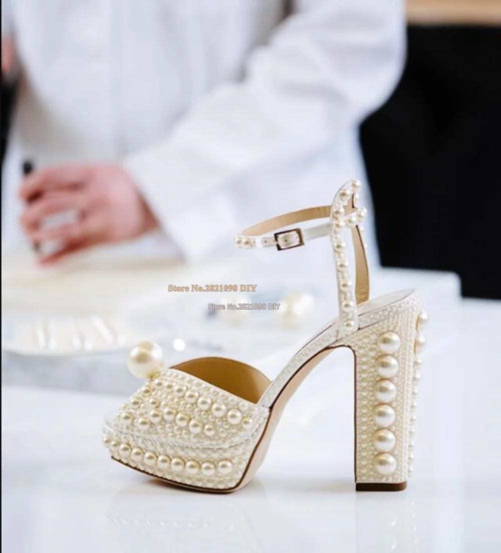 

Pearl Embellished Satin Platform Sandals In White Open Toe Women Chunky Heeled High Heel Ankle Buckle Straps Party Dress Shoes