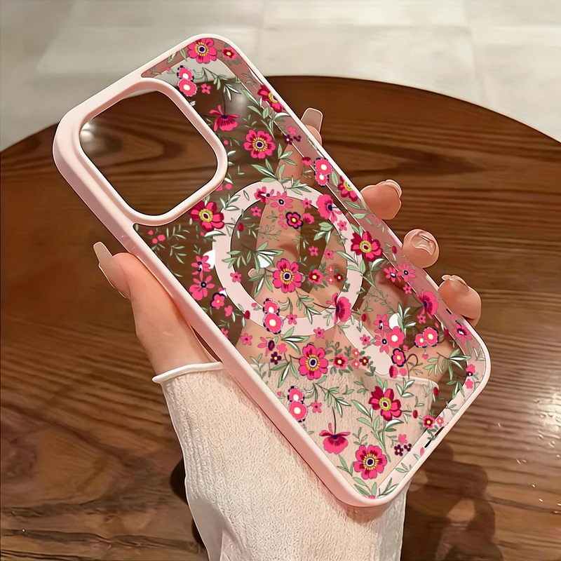 Magnetic Clear Phone Case with Green Leaf & Pink Floral Design