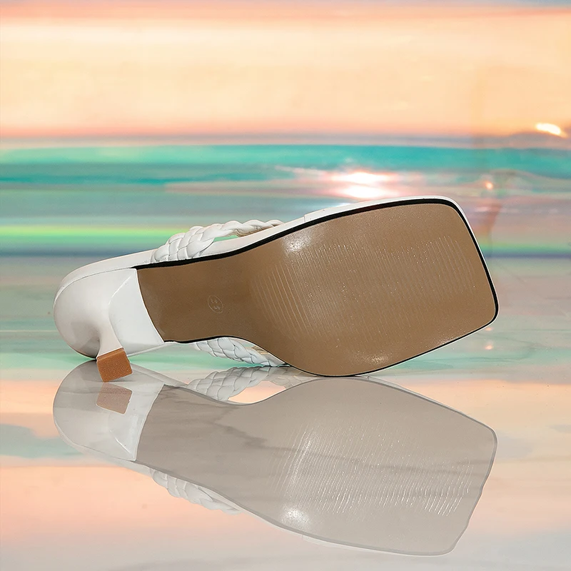 Kcenid Ladies Square Toe Flip Flops Sandals Women Fashion Summer Slippers Slip On Open Toe Stiletto Heels Mules Shoes