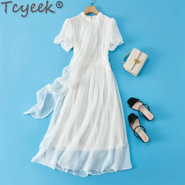 Tcyeek 100% Mulberry Silk Dresses for Women Summer Beach Dress 2023 Korean  Fashion Women Clothing Elegant Solid Real Silk Dress