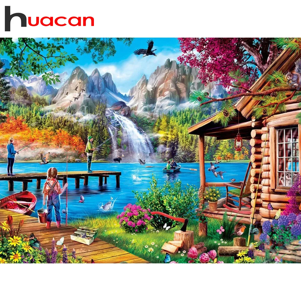 Diamond Painting Huacan 5D Diamond Painting House River Mountain Full Square Round Mosaic Landscape Embroidery Kit Home Decoration