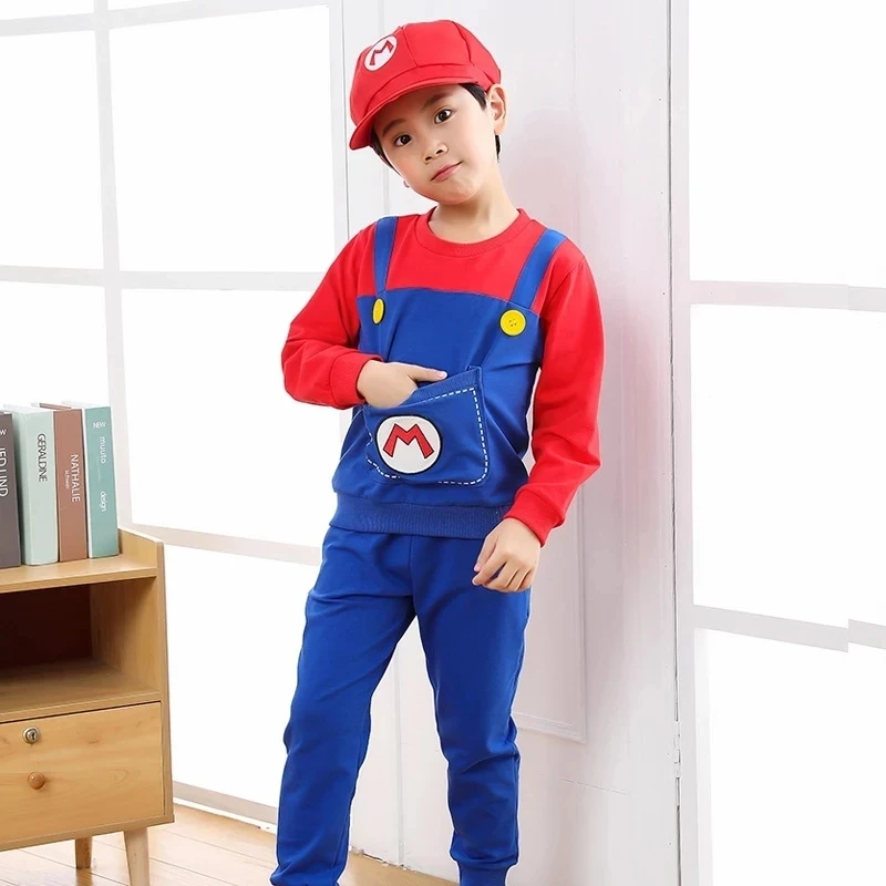 2021 New Game HOT Clothes Super Marios Children\'s Bib Dress Luigi Cosplay Costume Anime Family Set Boys Girls Kids Gifts