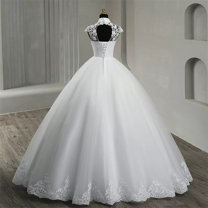 White Lace Wedding Dress High Neck Cap Sleeves Plears Wedding Party Dress For Women Bride Ball Gown Vestido De Novia