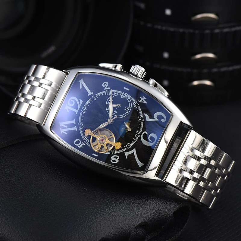 2024 New FM Men's automatic watch, multi-functional luxury gift, wine barrel stainless steel mechanical watch, free shipping