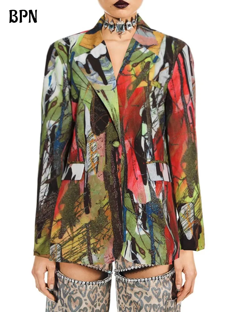 

BPN Hit Color Print Blazers For Women Lapel Long Sleeve Patchwork Single Button casual loose Blazer Female Fashion clothing New