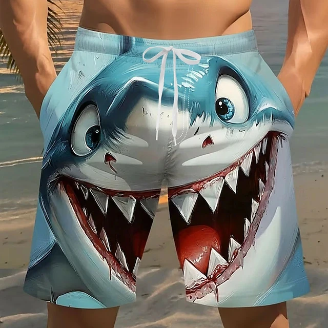 Trendy Cartoon 3D Shark Print Beach Trunks Quick Dry Drawstring Waist Oversized Casual Swim Shorts Hip Hop Street Summer Bottoms 1