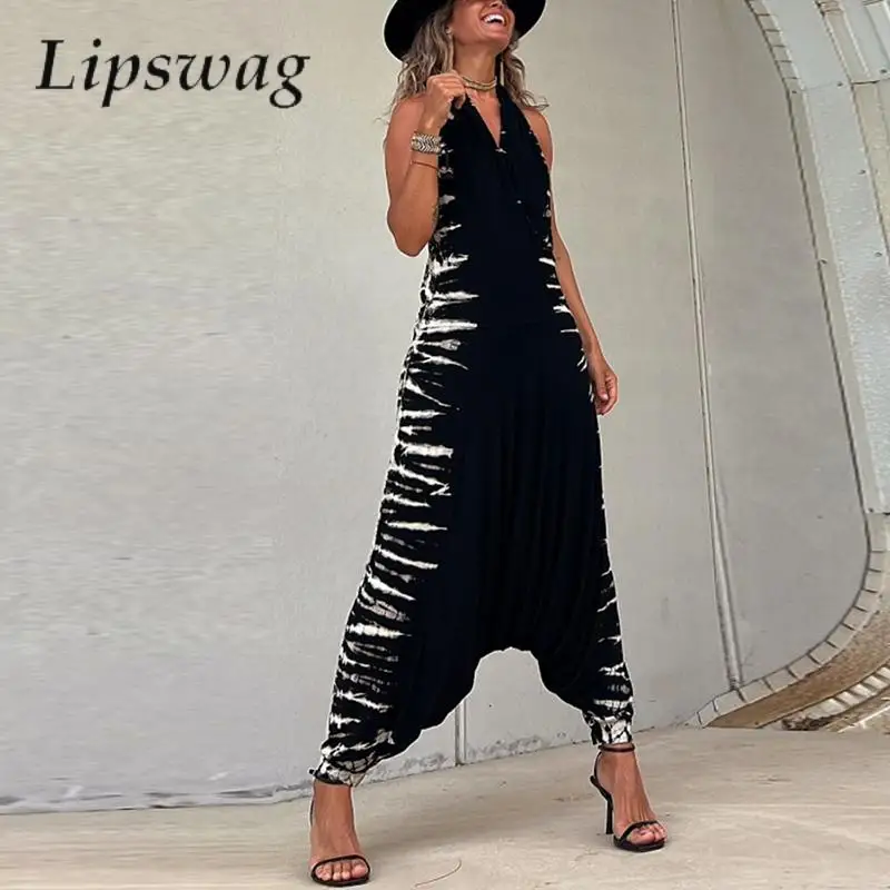 

Sexy V Neck Halter Backless Jumpsuit Women Casual Loose Cross-pants Romper Female Retro Print Sleeveless Summer Playsuit Overall