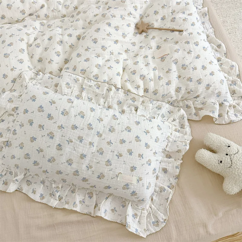 Toddler Bedding Set with Flowers Cotton Muslin Duvet Cover Set Twin Size with Pillow Covers