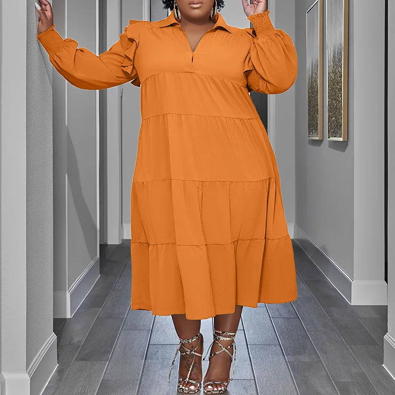 Autumn Fashion Turn-down Collar Solid Color Long Sleeve Casual Loose Shirring Mid Length Cake Dress Plus Size Women's Clothing