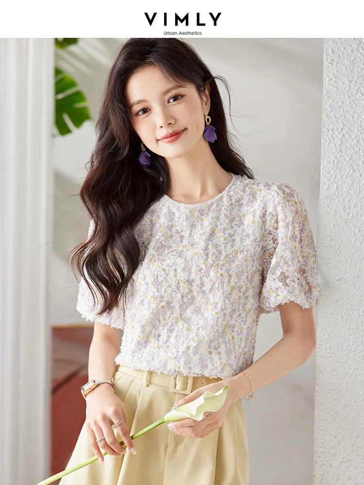 

Vimly Fashion Loose Beading Round Neck Blouse for Women 2023 Short Puff Sleeve Summer Thin Chiffon Printed Shirts and Blouses