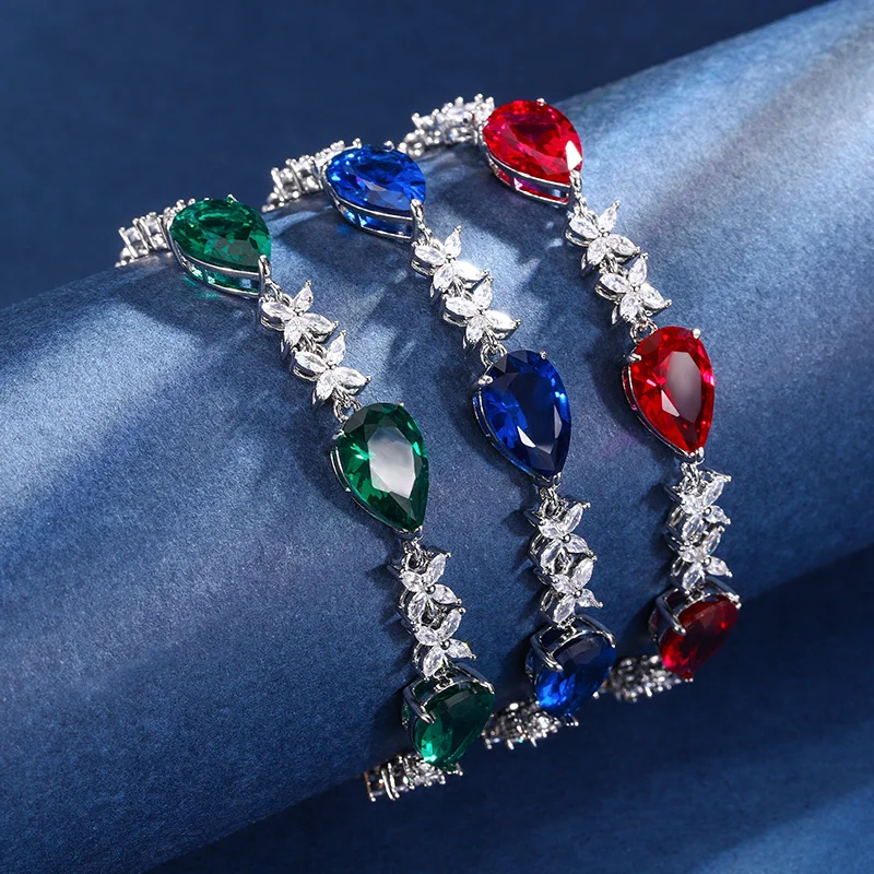 

EYIKA Fashion Green Blue Red Pear Cut Zircon Crystal Link Chain Bracelet Flower Cluster Bangle Women Party Fine Jewelry Gift