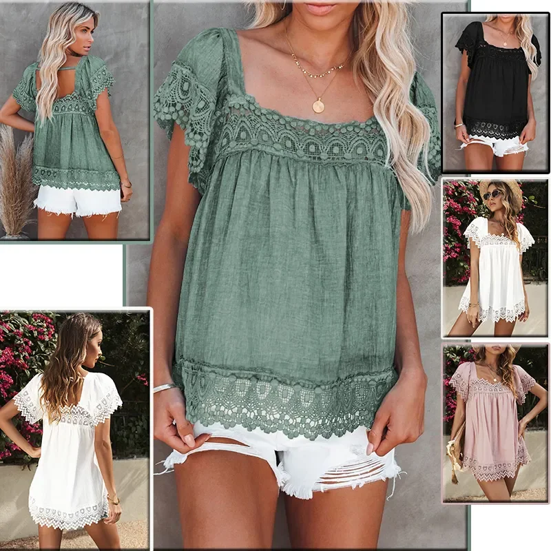 

Футболка женская с коротким рукавом и квадратным вырезом, топ в богемном стиле с вырезами и графическим принтом, свободная рубашка с оборками, на лето