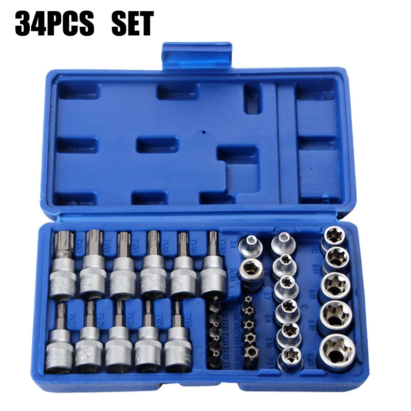 

34Pcs 3/8 " E4-E20 T10-T60 Ratchet Wrench Torx Star Bit Socket 5/16" T10-T55 Hex Socket Head Screw Combination Tool