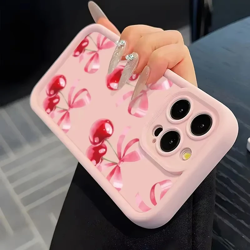 Luxury Wine Red Cherry Print Shockproof Silicone Phone Case