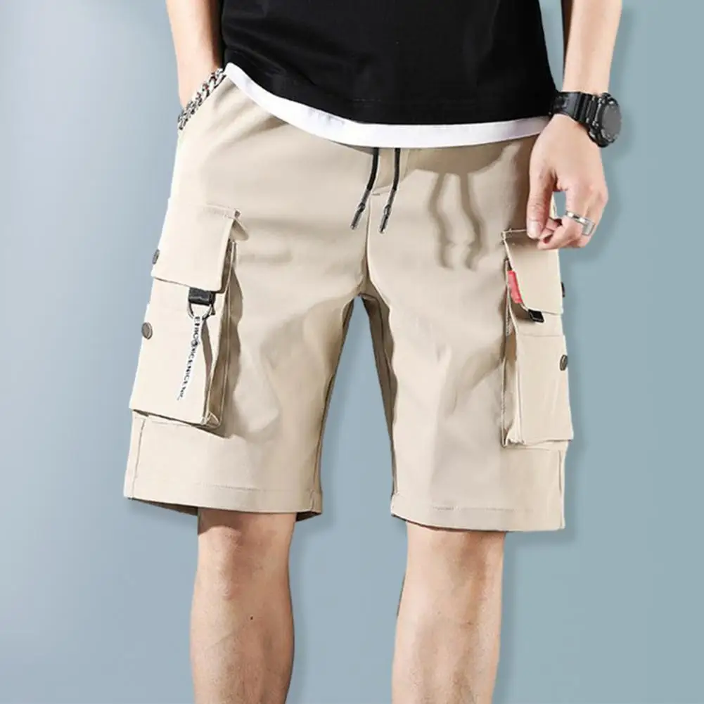 

Summer Men Cargo Shorts Elastic Waistband Drawstring Shorts Multi Pockets Straight Wide Leg Mid-rise Sport Cargo Shorts