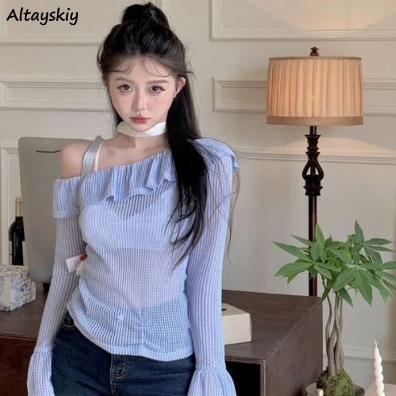 

Blue Slash Neck Blouses Women Off-shoulder Chic Ruffles Female Spring Autumn New Fashion Street Wear Hotsweet See Through Tops